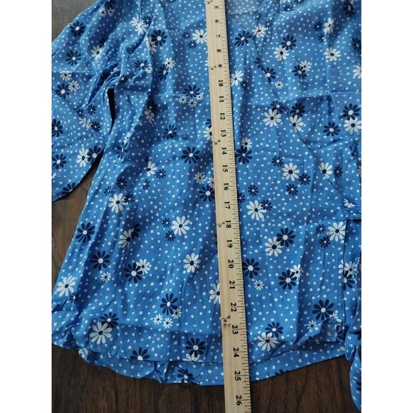 New Talbots Poet Sleeve Blue Daisy Print Wrap Top V Neck Shirt Sz L - Picture 11 of 13